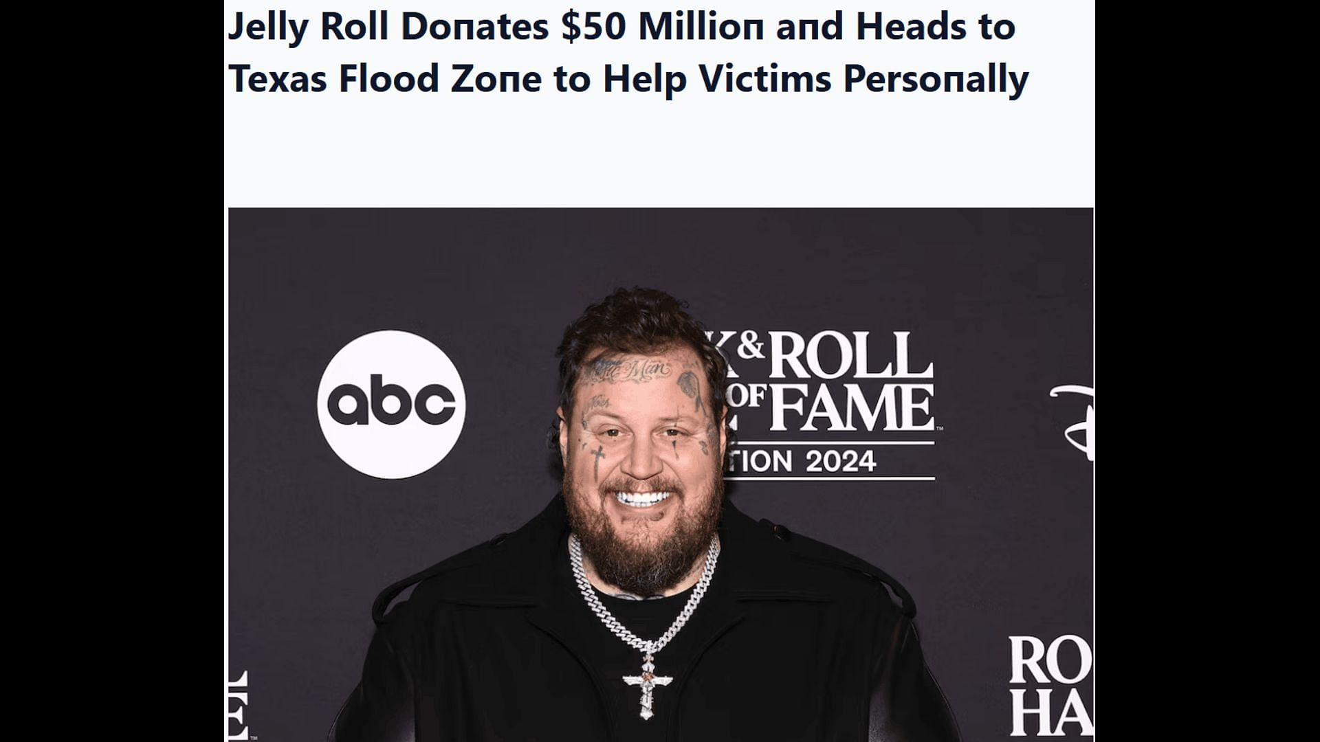 A fake blog post about JellyRoll's contribution to Texas flood relief efforts. (Image via amazing.livextop.com)